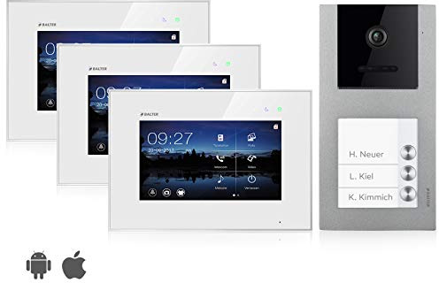 Balter EVO Video Türsprechanlage, Touchscreen, 7 Zoll Monitor, Smartphone App, 2-Draht Bus, Aufputz Türstation für Mehrfamilienhaus, RFID Funktion (3 Familienhaus, Mit App)