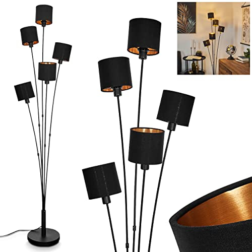 Stehleuchte Alsen, runde Bodenlampe aus Metall in Schwarz und Stoffschirmen in Schwarz/Goldfarben, 5-flammige Standlampe, 5 x E14, mit Fußschalter am Kabel, ohne Leuchtmittel