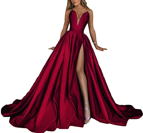 ORANDESIGNE Robes de Soirée élégantes pour Dames Robe De Bal Longue Fendue Sexy Dos Nu en Satin épaules Nues sans Manches Taille Haute Queue Robe pour Soirée Bal Cocktail M Rouge XS