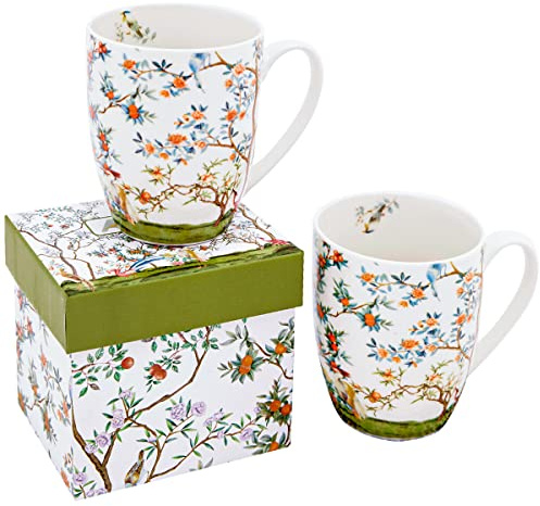 Fine China Mugs Bird and Branch Chinoiserie Coffee Mugs Flower Tea Cup Crafted in Elegance Shape Perfect for Dishwasher &Microwave Safe (Elegant Mug 12 OZ pack of 2)