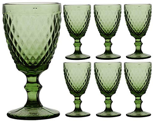 Dibor Set of 6 Wine Glasses Green Diamond Embossed Dishwasher Safe 270ml Wine Glass Goblets