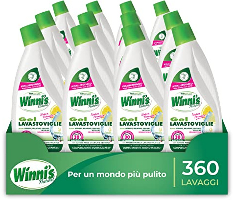 Winni's - Hypoallergenes Gelwaschmittel, 360 Waschgänge, reinigend, entfettend und hellend, Zitronenduft, mit pflanzlichen Rohstoffen, 750 ml x 12 Packungen