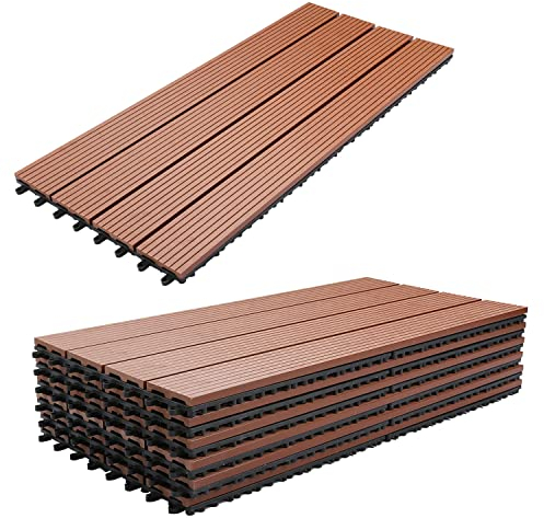 Gimisgu Terrassenfliesen WPC Fliesen, 30x60 cm Holzoptik Klickfliesen Balkonfliesen Klicksystem Terrassendielen Klickfliese Kunststoff Bodenfliese mit Drainage, 6er Set für 1m², Braun