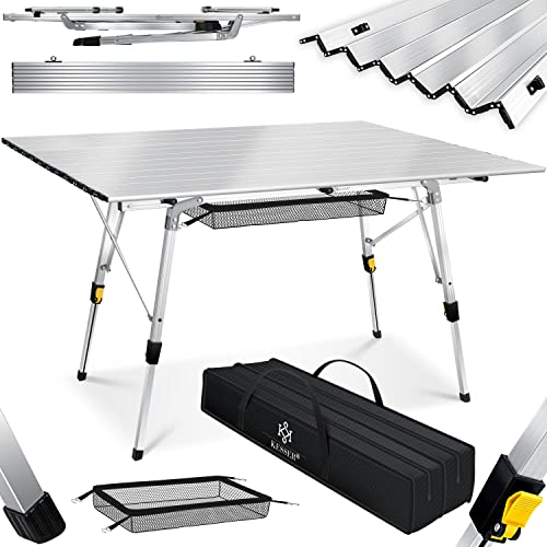 KESSER® Campingtisch faltbar Klapptisch mit Aluminiumrahmen Aufrollbare Tischplatte Falttisch klappbar Höhenverstellung 120x70cm - bis 100kg inkl. Tragetasche mit Trageband & Netztasche, Silber