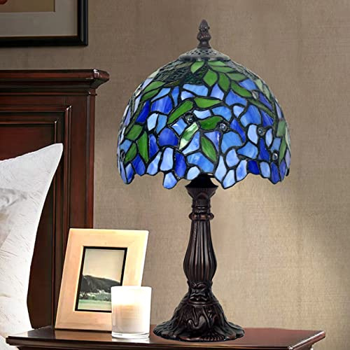 Tiffany Mini Tischlampe, Lila Glyzinien Schreibtischlampe, Handgefertigte Blau Grüne Buntglasschirm Nachttischlampe, Zinklegierung Basis, Mädchen Kommode Lampe,Lila