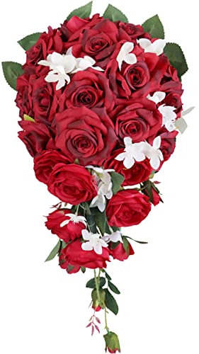 TEAAZA Mazzi di Fiori da Sposa Bouquet da Sposa Rosa Rossa, Goccia d'Acqua Romantica Bouquet da Sposa da Sposa, Bouquet da Sposa da Damigella d'Onore for Cerimonia Nuziale