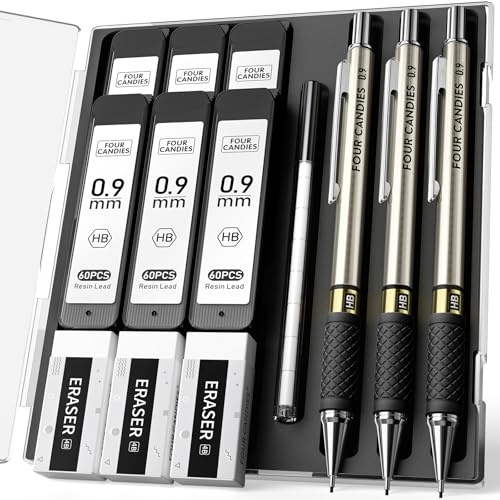 Four Candies 3er-Set Druckbleistifte mit 0,9 mm Spitze, 360 Minen, 12 Radierern, Metall-Minenbleistifte im Etui für Schule, Schreiben, Skizzieren, Zeichnen