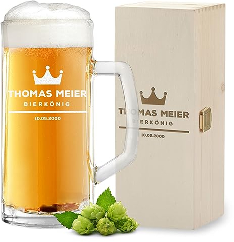 Jarra de cerveza de 0,5 l de cristal y caja de madera con grabado para hombres, idea de regalo para hombre, regalo para el día del padre, 0,5 l, de cristal, para cumpleaños y aniversario, apta para