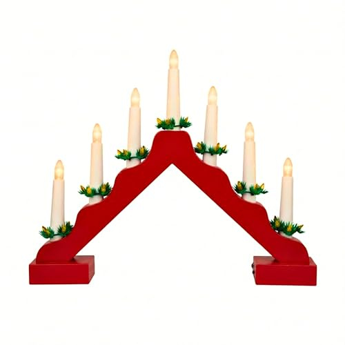 SHATCHI Tradizionale luce a ponte di candela rossa pre-illuminata in legno, 7 lampadine a LED, alimentazione a batteria, per finestra, albero di Natale, casa, ufficio, scrivania, decorazione natalizia
