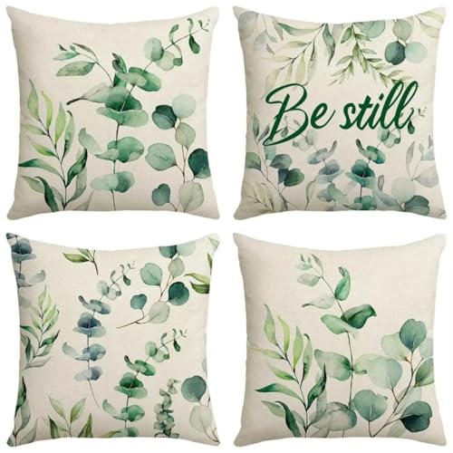 Eukalyptus Kissenbezug 35 x 35 cm Sofakissen Super Weich Kopfkissen 4er Set Grün Kissen Deko Kissenhülle mit Reißverschluss Kopfkissenbezug Quadrat Kissen für Gartenmöbel Schlafzimmer Wohnzimmer R405