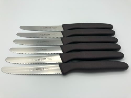Giesser Messer - Made in Germany - 6er Set Brötchenmesser Tomatenmesser Küchenmesser Allzweckmesser Universalmesser Gemüsemesser 3mm Wellenschliff Klingenlänge 11cm Blau - majestic mute