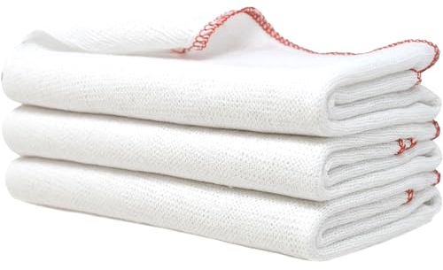Towelogy Premium Extra Large Dish Cloths Pack of 3 - Cotton 38 x 45cm Odour Free & Super Absorbent Kitchen Dish Towels (White/Red Edges, 3)