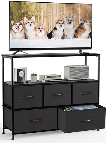DUMOS Kommode mit Schubladen - Kommoden & Sideboards für Schlafzimmer Geeignet, Komodenschrank mit 9 Schubladen, Stoffkommode mit Stabilem Stahlrahmen, Ideal für Schlafzimmer, Wohnzimmer (Schwarz)