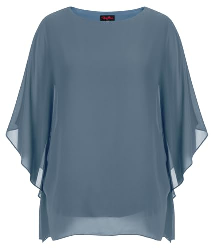 Hanna Nikole Womens Plus Size Cold Shoulder Chiffon Blouse Batwing Sleeves Loose Flowy Tunic Grau Blau 54