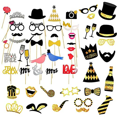 XZEIT 55 Stück Fotorequisiten Hochzeit, Party Foto Booth Props Photobooth Requisiten Decoration, DIY Photo Props Deko Kit für Valentinstag Wedding Reunion Party Dekorationen Hochzeit, Geburtstag