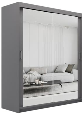 ELUKS SKY Double Sliding Doors Wardrobe with Mirror Drawers Furniture for Bedroom Living Room and Hall Wardrobe Organizer Width 100cm/120cm/150cm/180cm/200cm (Grey, 100cm)
