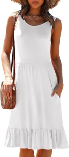 Yommay Robe d'été élégante pour femme, longueur genou, ligne A, décontractée, col rond, débardeur, robe de plage avec poches, Blanc., S