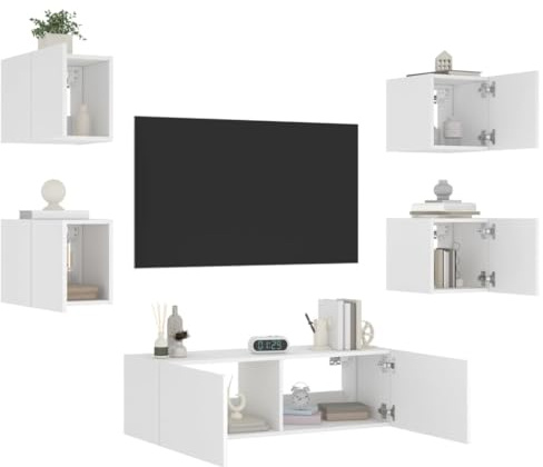Homgoday Meuble TV mural 5 pièces avec lumières LED blanches, meuble TV salon, table basse pour TV, meuble de salon industriel