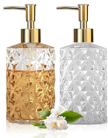 AstraLoom Glas-Seifenspender Set 2x330ml - Rautenmuster Design in Transparent/Gold - Für Bad & Küche, Lotionen & Ätherische Öle