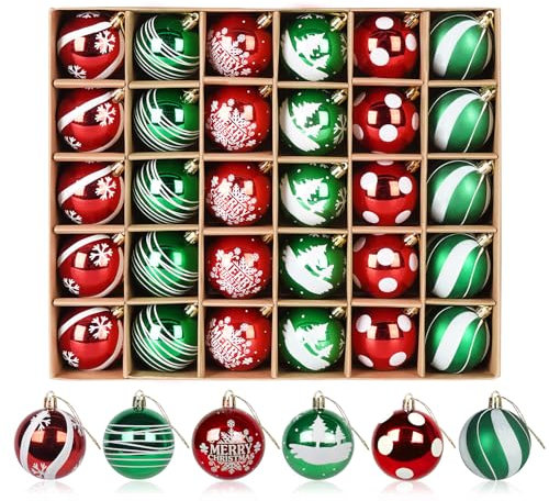 Homewit 30 Stück Christbaumkugeln,6CM Kunststoff Christbaumkugeln Weihnachtsdeko mit Weihnachtsbaumschmuck Traditionelles Thema Rot Grün, Weihnachtsbaum Bälle Dekorationen für Weihnachten