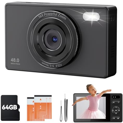 64Go Appareil Photo NuméRique Enfant: 16X Zoom 48MP Numerique Compact Autofocus - 1080P Camera Vlog Digital avec 2 Batteries pour Fille Adolescents DéButants Adultes