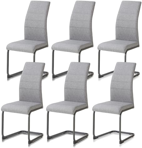 KHG 6er-Set Schwingstuhl, Küchenstuhl grau, Polyester Flachgewebe | Gestell pulverbeschichtet schwarz inkl. Fußbodenschoner, Esszimmerstuhl bis 110 kg Belastbar, vielseitig einsetzbar