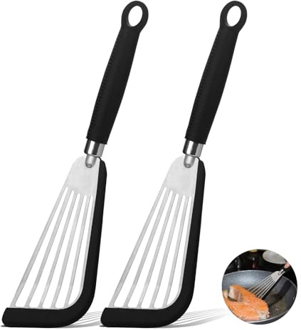 Foyucool Fish Spatula Turner 2 Pack, Slotted & Solid, Non-Scratch Flexible Stainless Steel with Heat-Resistant Silicone, for Non-Stick Pans, Fish, Eggs, Pancakes & Steak