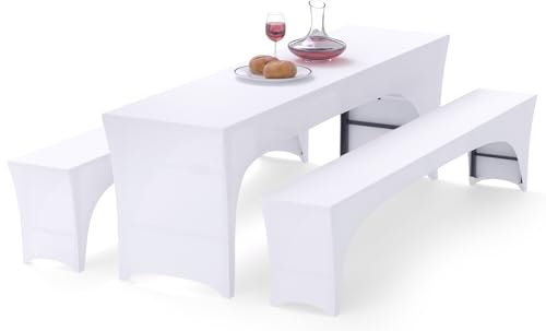 Alishomtll Set di 3 coperture elastiche per tavolo da birra, per tavolo da birra, banchetti, mobili da giardino, 220 x 50 cm, colore bianco