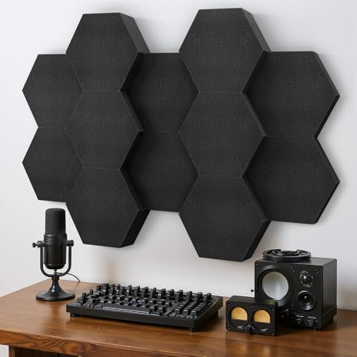 Akustikschaumstoff, 4cm & 7cm Dicke, 12 Stück Hexagon Akustikplatten für Tonstudio, Musikstudio, Büro, Gaming Zimmer, Akustikpaneele Schwarz, Wand, Tür, Decke Schallabsorber, Ø30cm