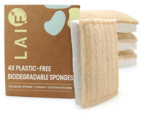 Natural Kitchen Sponges – Eco-Friendly, Compostable Dish Sponges – Loofah & Cellulose Scrubbers – Plastic-Free, Zero-Waste, Biodegradable – Durable, Non-Scratch – Pack of 4