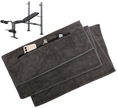 RMIVEGLIA Toalla Gimnasio 120x50cm – Toalla Gym, Toalla para Gimnasio – Toalla Microfibra con Bolsillo con Cremallera y Capucha de fijación para Deporte, Yoga, relajación y Actividades Outdoor (Gris)