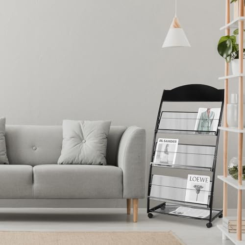 Whemyreat Schwarz zeitschriftenständer prospektständer bücherständer zeitungsständer,3 sheets A4 width Literaturständer flyerständer magazine rack zeitungsständermit Universalrädern (Biegen)