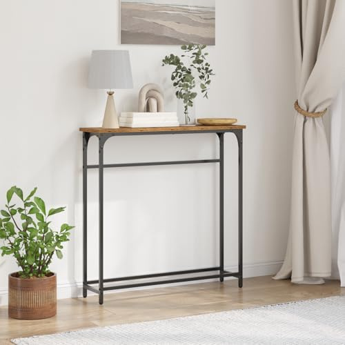 Makastle Table Console Fine, Meuble d'Entrée, Petite Table de Présentation, Bout de Canapé pour Couloir, Entrée, Salon, 75x19,5x75 cm en Bois Agencé et Acier