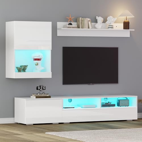 Merax Wohnwand Wohnzimmer 3-Teilig Set, Wohnzimmer Möbel Set Hochglanz mit LED, TV Lowboard, Wandregal, Vitrine Hängend oder Stehend, Wohnzimmermöbel Komplett, Elegante Schrankwand, Mediawand, Weiß