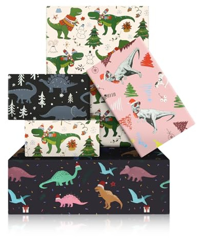 Weihnachts-Geschenkpapier mit Dinosaurier-Motiv, für Jungen, Mädchen, Kinder, bunte Dino-Weihnachtsmannmützen und Weihnachtsbaum-Designs, Geschenkblatt für Geburtstag, Babyparty, 50 x 70 cm, 8 Bögen