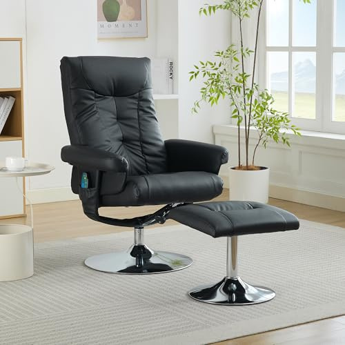 HAUSPROFI Loungesessel, Stillsessel mit Massagefunktion, Fernsehsessel mit Elektrischer Heizfunktion und Fußstütze, 360° Drehbar, Ergonomisch, PU-Stoff, 76x75x103 cm (LxBxH) (Schwarz)