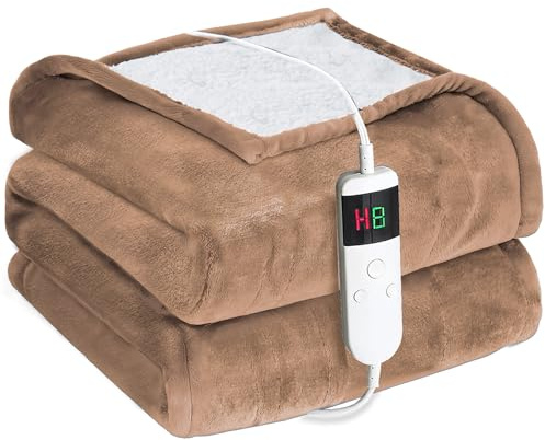 Cushious Manta eléctrica con apagado automático, 180 x 200 cm, 10 niveles de calor y temporizador de 8 horas, protección contra sobrecalentamiento, lavable a máquina, manta térmica de franela