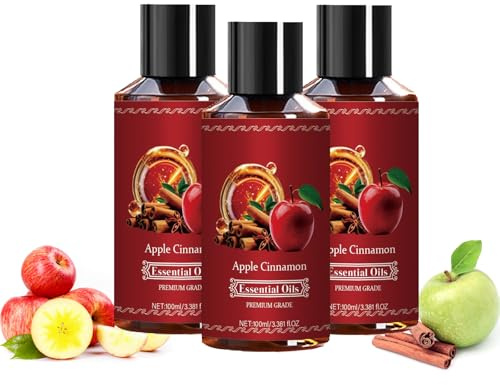 Apple Cinnamon Essential Oil, Apfel Zimt Duftöl, Herbst Duftöl für Diffusor, Ätherische Öle Herbstduft, Aromatherapie Öl für Zuhause, Massage, Seifenherstellung und Körperpflege (3PC)