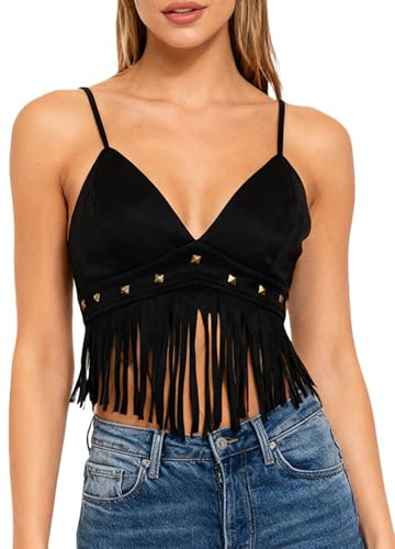 Lshyuehao Women's Y2K Fringe Sleeveless Halter Top Tassel Spaghetti Strap Faux Suede Vintage Hippie Crop Top Blouse (A-Black, L)