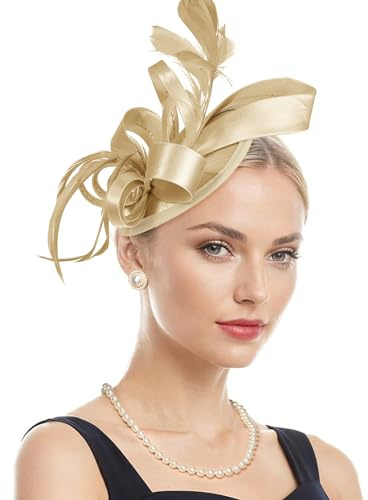 Gold Fascinators for Women, 2 in 1 Ribbon Feather Headband & Hair Clip, Elegant Vintage Tea Party Hats Wedding Guest Headwear for Derby Cocktail Bridal Mother of the Bride