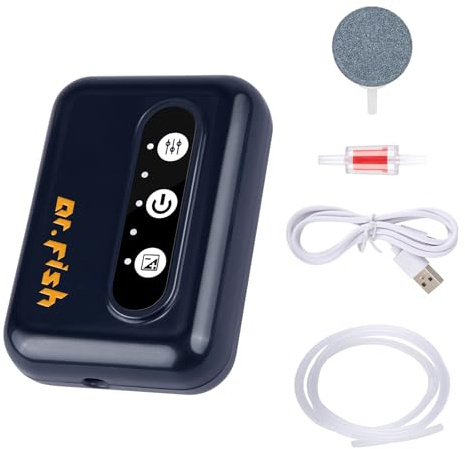 Dr.Fish Aquarium Air Pump, Battery Powered 2600mAh USB Rechargeable, Up to 72 Hours Runtime, Quiet Aerator Bubbler Pump for Outdoor Fishing Fish Tank Live Bait Bucket, Deep Blue