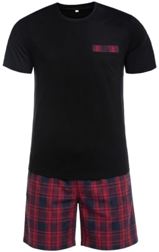 Winovia Schlafanzug Herren Kurz Pyjama Set aus Baumwolle Kurzarm Nachtwäsche mit Karierter Hose und Brusttasche Sommer Hausanzug Männer Geschenk Dunkelblau-Rot XL