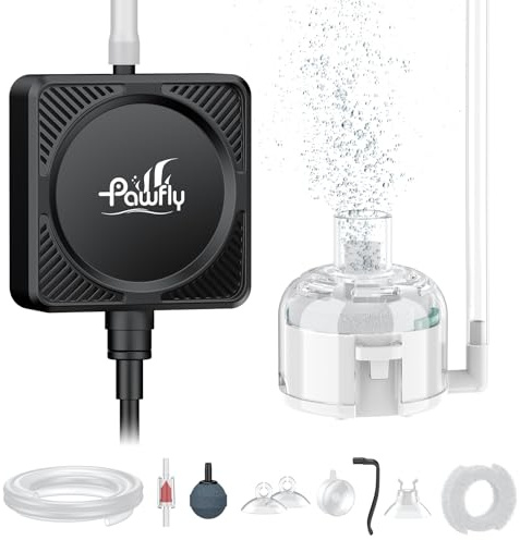 Pawfly Mini Aquarium Air Pump, Ultra Quiet Oxygen Aerator Kit for 60 L Fish Tanks with Air Tubing, Air Stone, Check Valve & Suction Cups