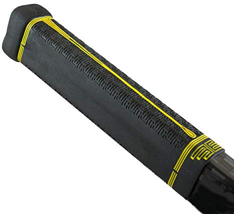 Buttendz Fusion Z Hockeyschläger-Ersatzgriff – wiederverwendbares Design, Kleiner Knauf, Spielergriff für Oberhandmobilität, passend für alle Schlägergrößen (schwarz, gelber Tropfen)