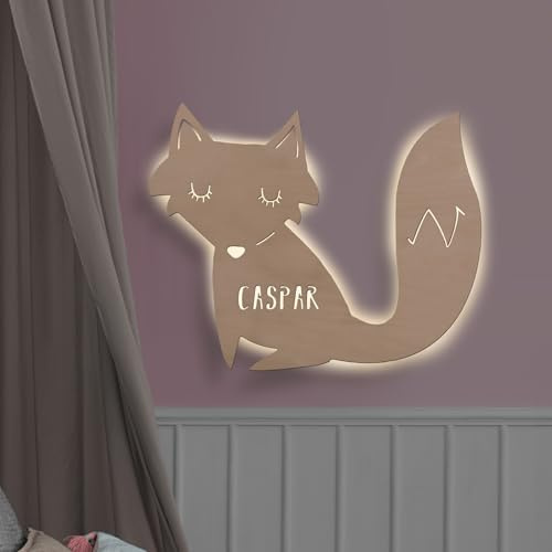 hellomini Personalisierbares LED-Nachtlicht mit Name für Kinder & Babys | Holz-Wandlampe | Schlummerlicht mit Motivwahl – Geschenk zur Geburt & Taufe (Franz der Fuchs)