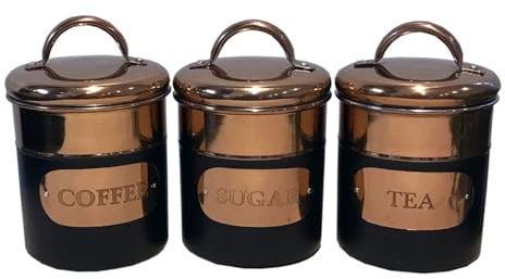 Black & Copper Metal Tea Coffee Sugar Storage Canister Set Jar Pots Tins