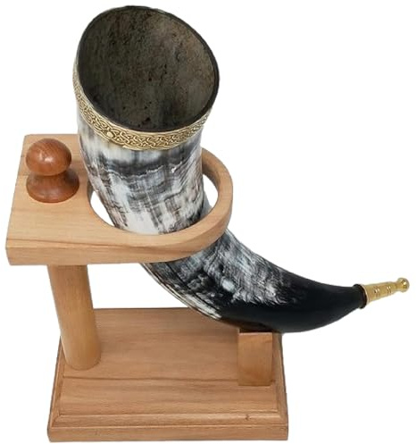 Galaxy Indiacraft Viking Drinking Handmade Natural OX Horn | Tankard | Mug | Cup for Ale, Beer, Mead, Wine | 12 to 15 Inch | 100% Leak Free | with Beautiful Wooden Stand (Set of 1)