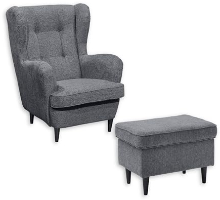 OSKAR Ohrensessel inkl. Fußhocker, Anthrazit - Vintage Wohnzimmer Sessel Set mit Massivholz Füßen - 78 x 102 x 98 cm (B/H/T)