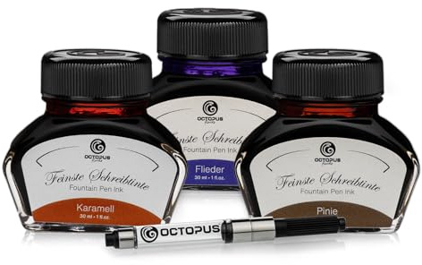Octopus Füllhaltertinten-Set Karamell Flieder Pinie, 3 x 30 ml | Drei Tintengläser und Konverter, warme und kühle Farbtöne für Füllfederhalter, Glasfeder und Kalligrafiefeder