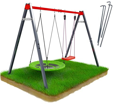 K-Sport: Doppelschaukel Gestell (Metall) mit Rutsche I Nest- u. Kinderschaukel im Set erhalten I Schaukelgestell bis 150kg belastbar I Outdoor Schaukel I Schaukelgerüst inkl. Anker I Made in EU